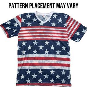 LuLaRoe Medium M Devin Unisex V-Neck T-Shirt  Americana Stars Stripes Patriotic
